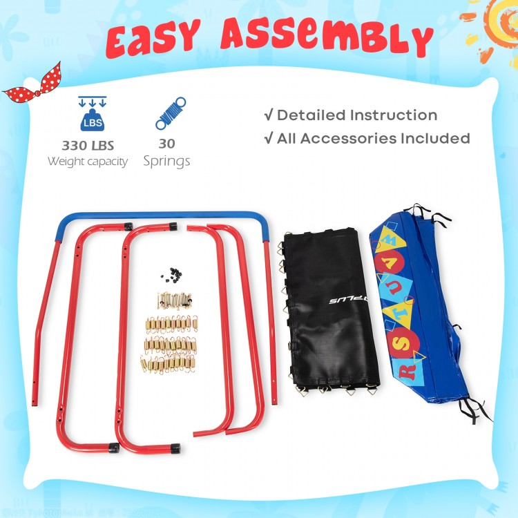 36-inch kids square trampoline in blue with foamed handrail, safety cover, and easy assembly for indoor and outdoor fun.