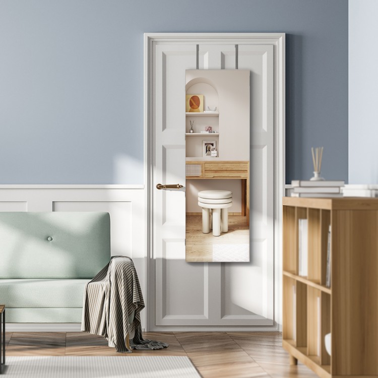 Wall-mounted jewelry cabinet with full-length mirror, 3-color LED lights, and ample storage for jewelry and cosmetics.