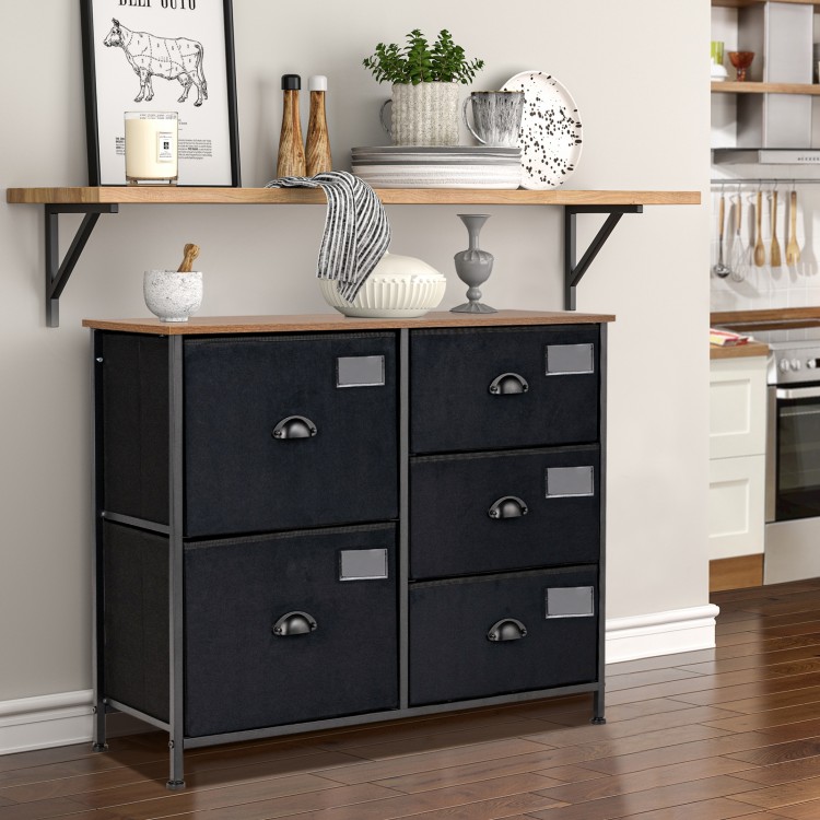 5-drawer storage dresser in black with a solid steel frame and fabric drawers, perfect for organizing small spaces.