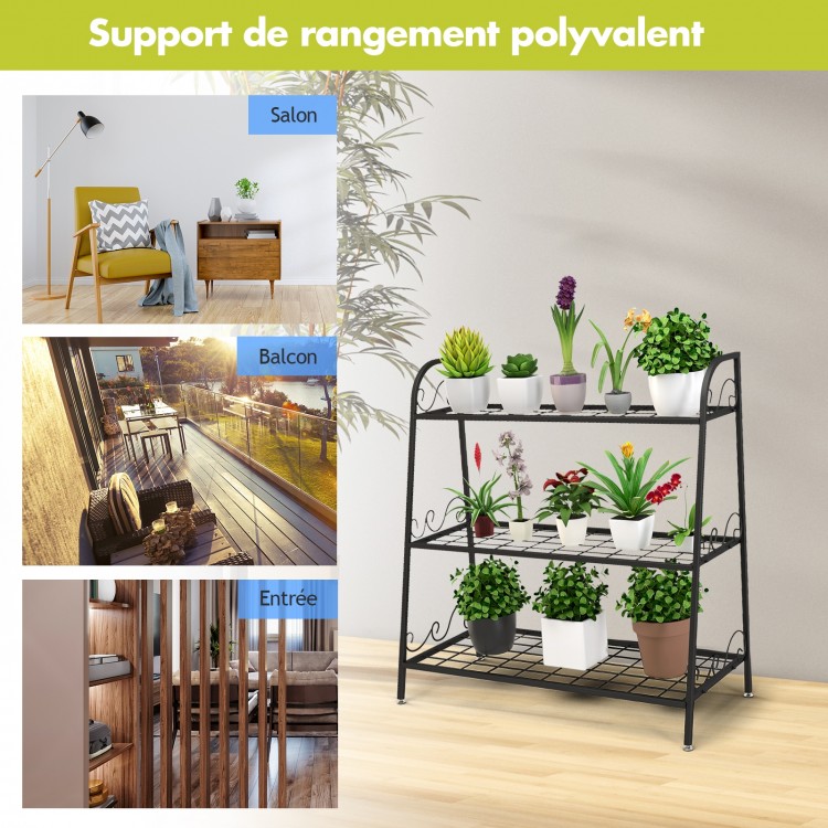 3-tier metal plant stand shelf with sturdy steel frame, ideal for displaying plants and shoes in living room or balcony.
