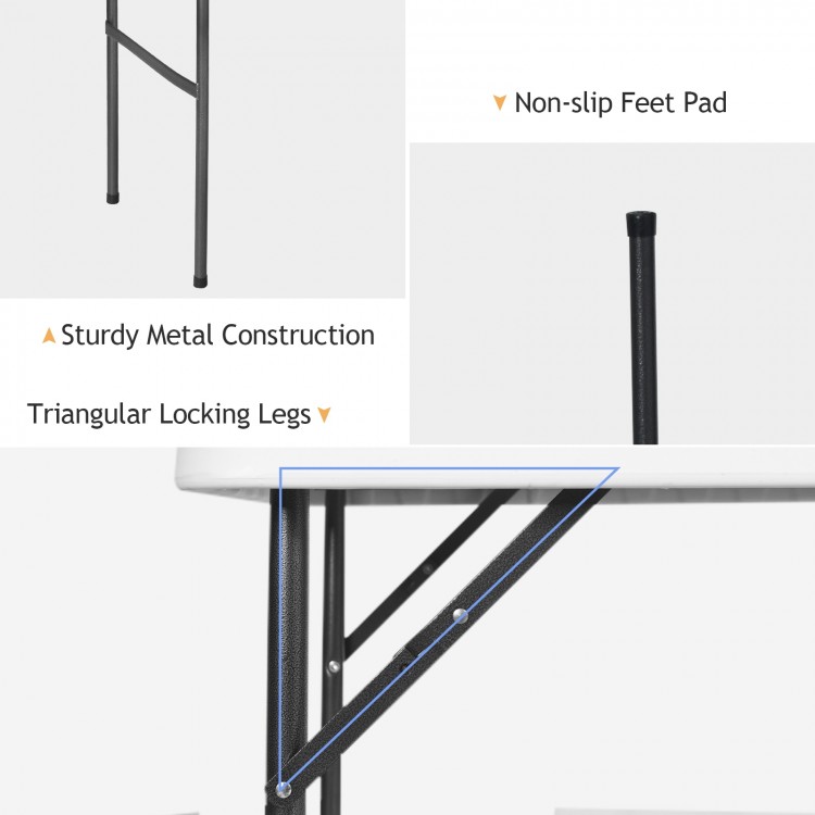 Folding camping table with sturdy metal construction, triangular locking legs, and non-slip feet pad for outdoor.