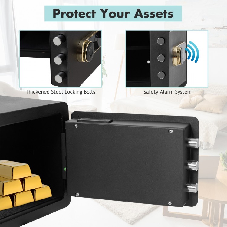 Close-up of the 0.5 cubic feet security safe lock box with keypad, featuring thick steel bolts and LED light for.