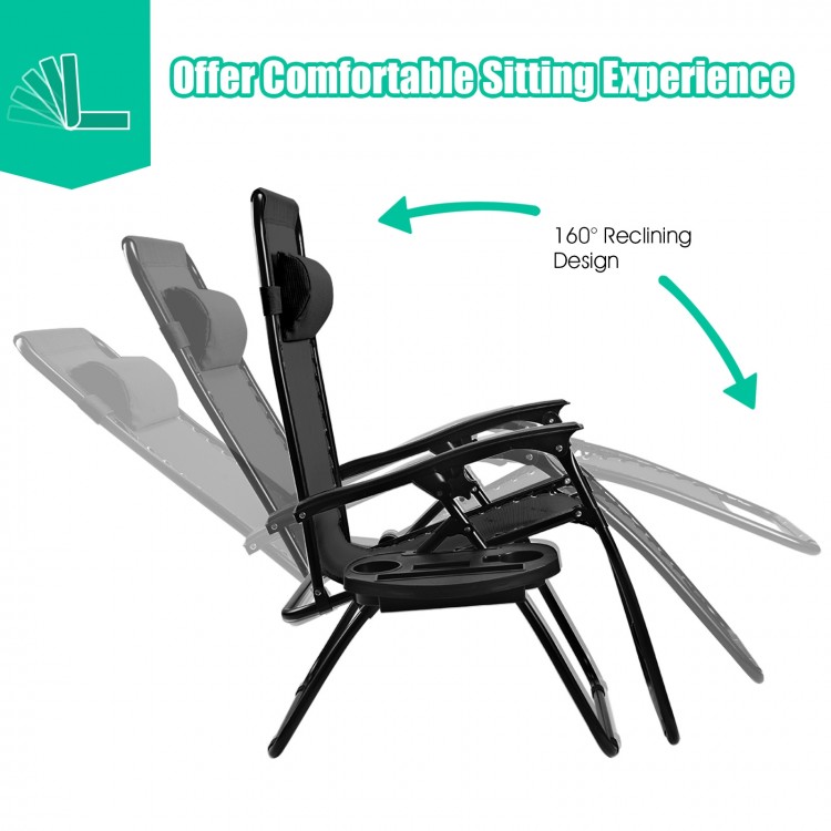 Folding lounge chair in black with 160° reclining design, perfect for outdoor relaxation and easy storage.