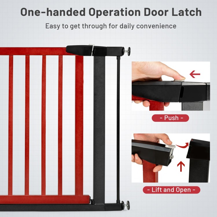 One-handed operation door latch of the Extendable Safety Gate for Baby and Pet in red, designed for easy access and.
