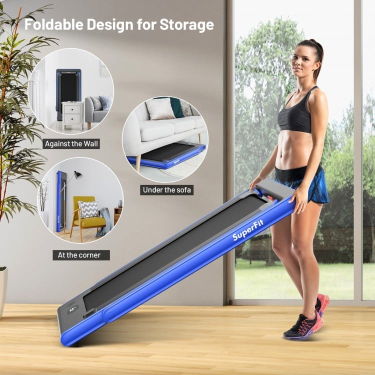 Folding treadmill in blue with dual display, designed for easy storage against walls or under furniture.