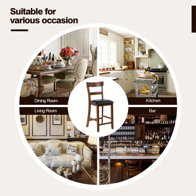 Counter height chair set with leather seat and rubber wood legs, designed for comfort and elegance in any decor style.