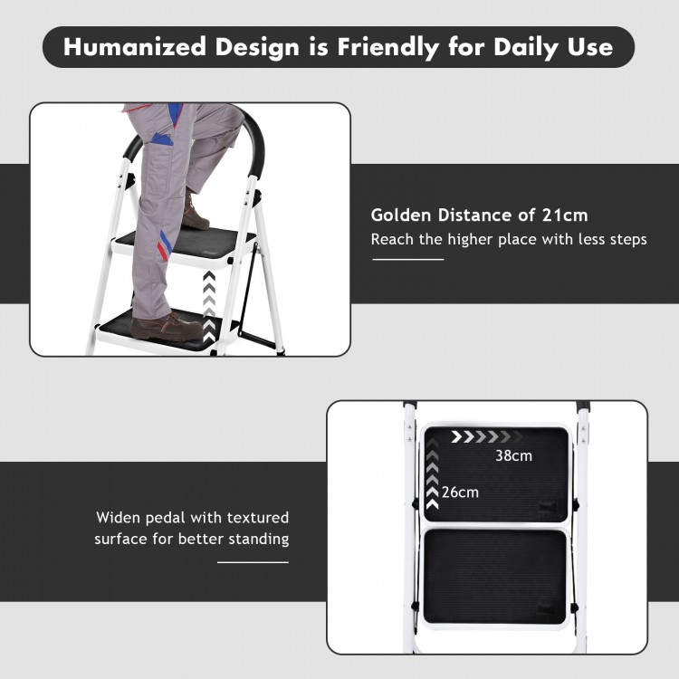 Folding step stool with anti-slip pedals, 2.75 feet tall, designed for safety and convenience in home and office tasks.