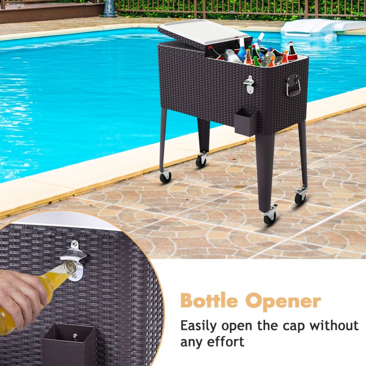 Rattan rolling cooler cart with 80QT capacity, bottle opener, and wheels for easy movement by the poolside.