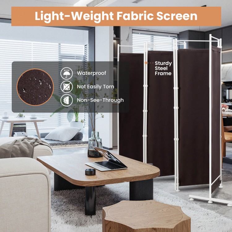 6-panel brown folding privacy screen with durable polyester fabric and sturdy steel frame, ideal for creating private.