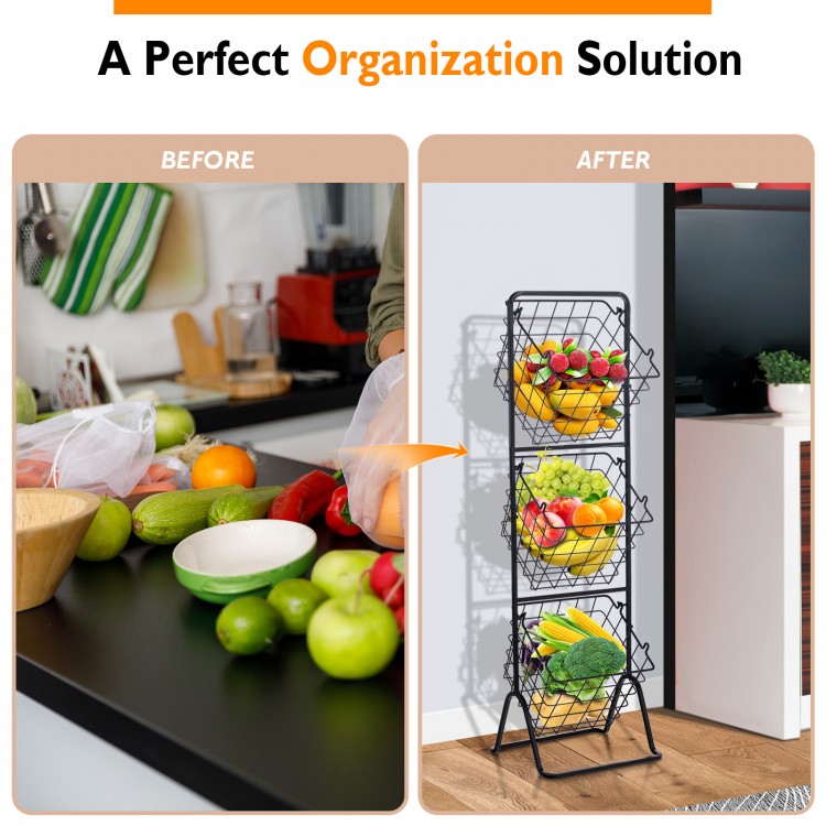 Three-tier fruit basket stand shown in an organized kitchen setting, perfect for storing fruits, snacks, and veggies.