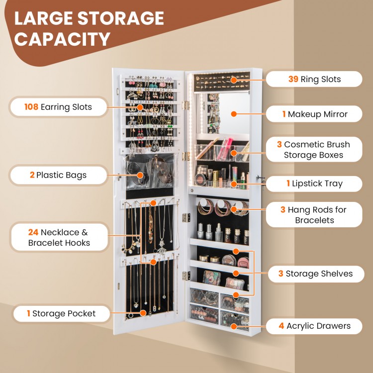 Wall-mounted jewelry cabinet in white with full-length mirror, 108 earring slots, and 3-color LED lights for.