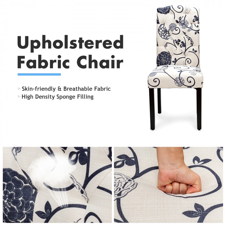 Tufted upholstered dining chair in black and white with breathable fabric and solid rubberwood legs for stability.