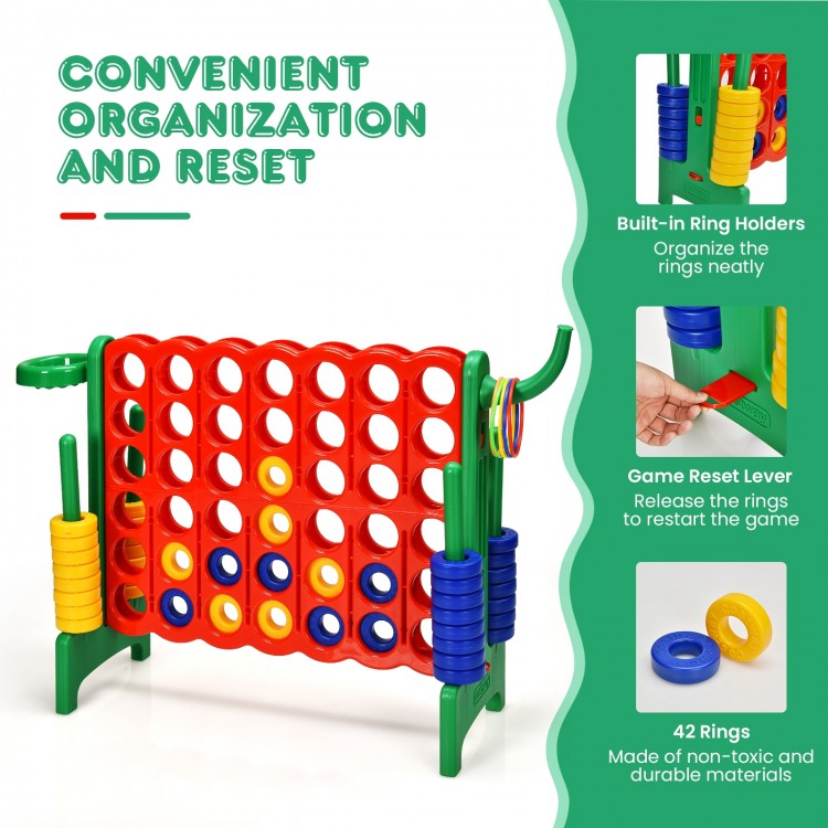 Giant 4-to-Score game set in green with 42 rings, built-in holders, and reset lever for outdoor fun and skill.