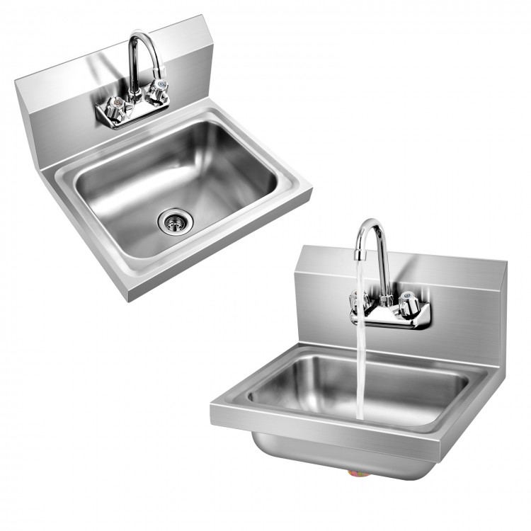 Stainless steel wall mount hand washing sink with faucet, back splash, and large bowl for easy cleaning and prep.