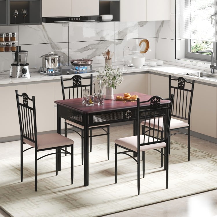 Close-up of the cushioned dining chair, featuring a padded seat and sturdy metal frame, ideal for comfortable dining.