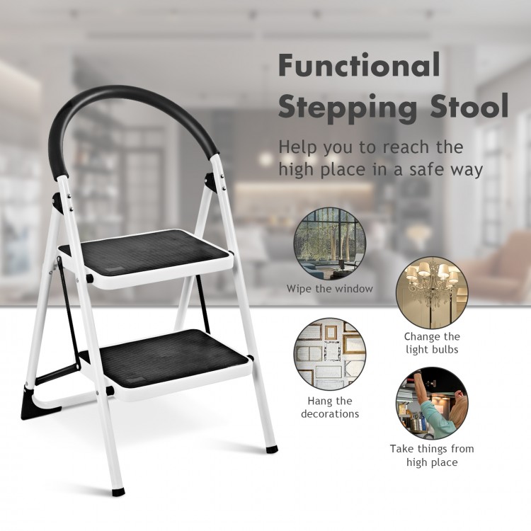 Folding step stool with iron frame and anti-slip pedals, ideal for reaching high places safely in home or office.