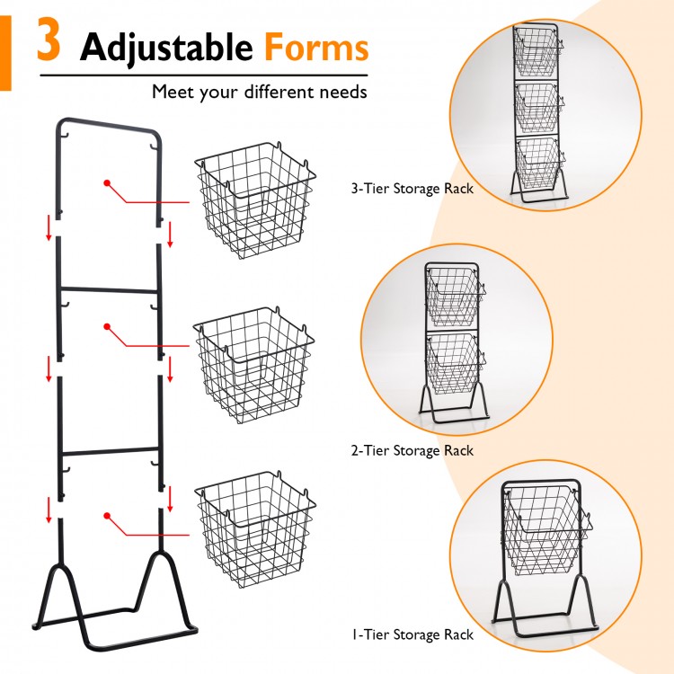 3-Tier fruit basket stand with adjustable heights, featuring removable wire baskets for versatile storage in kitchen or.