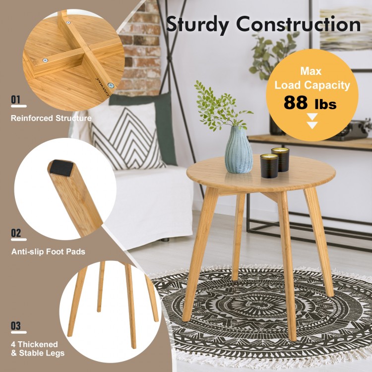 Bamboo round end table with 20-inch tabletop, sturdy X-frame, and anti-slip foot pads for versatile use in any space.