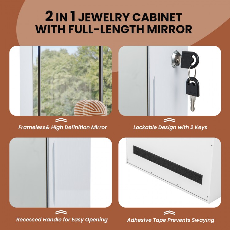 Wall-mounted jewelry cabinet with full-length mirror, lockable design, and 3-color LED lights for organizing jewelry.