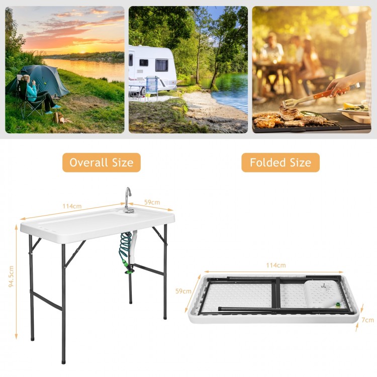 Folding cleaning sink table with sprayer, durable plastic, integrated sink, perfect for outdoor cooking and cleaning.