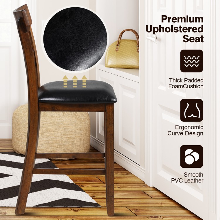 Counter height chair with ergonomic curved backrest, PVC leather seat, and sturdy rubber wood legs for lasting comfort.