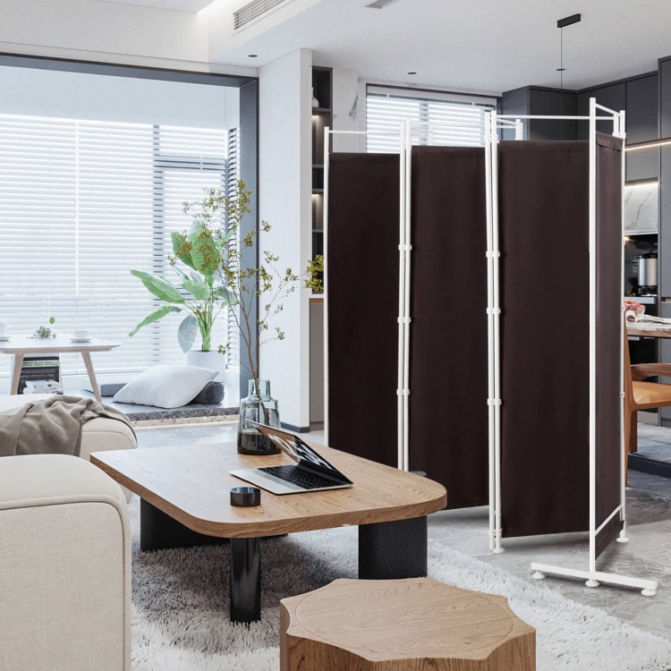 6-panel brown folding room divider with steel frame and adjustable footpads, ideal for creating private spaces in any.