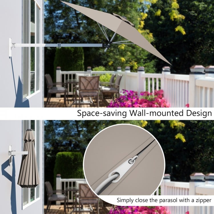 8ft wall-mounted telescopic folding umbrella in tan with adjustable angle, ideal for patio and outdoor shading.