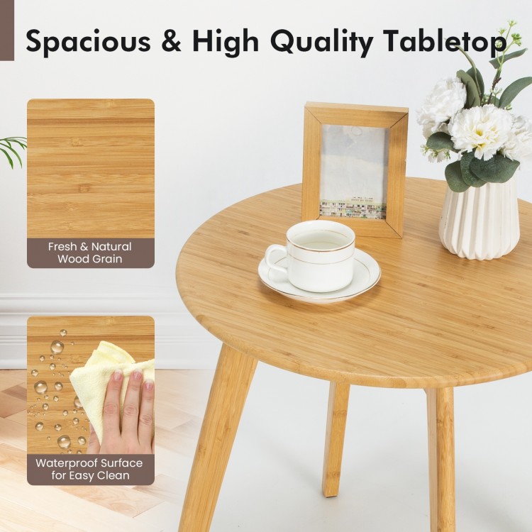 Bamboo round end table with 20-inch waterproof tabletop, featuring sleek edges and sturdy X-frame for versatile use.