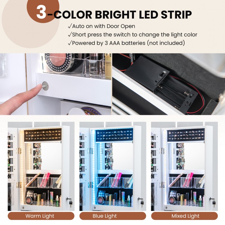 Wall-mounted jewelry cabinet with a full-length mirror and 3-color LED light strip for organizing jewelry and cosmetics.