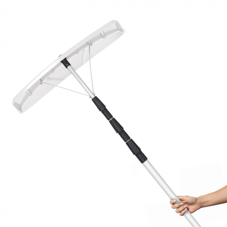 Telescoping 21 feet aluminum snow roof rake with large poly blade, designed for safe and efficient snow removal.