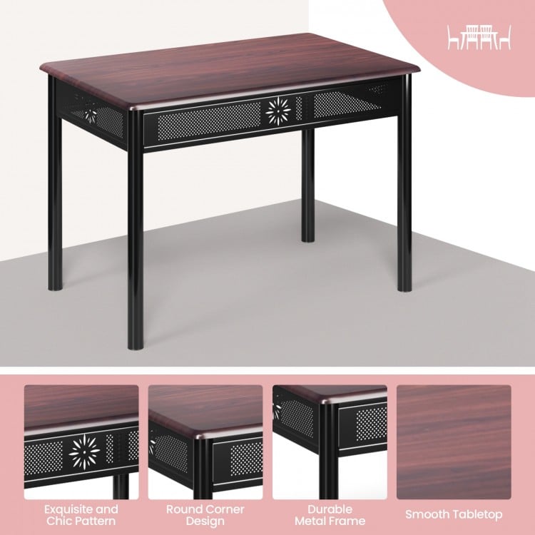 Dining table with a smooth tabletop and durable metal frame, perfect for a 5-piece dining set with cushions.