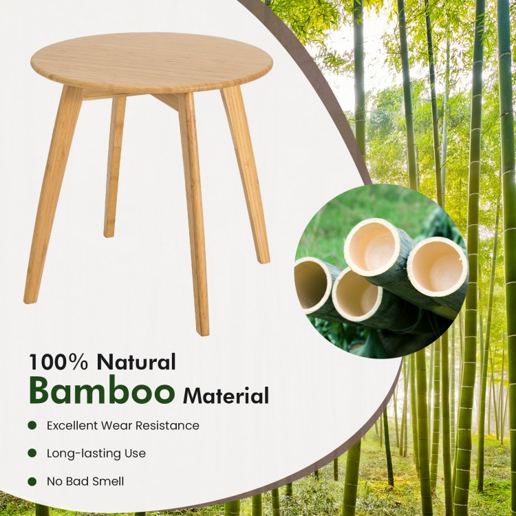 Natural bamboo round end table with a 20-inch tabletop, featuring a sturdy X-frame and sleek, rounded edges for safety.
