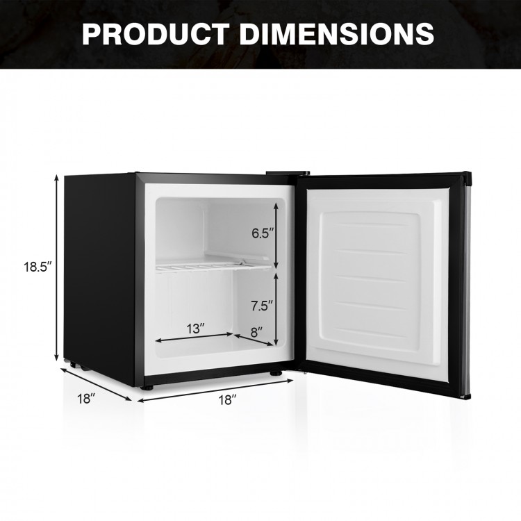 Compact 1.1 cu.ft. mini upright freezer with dimensions 18" x 18" x 18.5", featuring a sleek stainless door and.