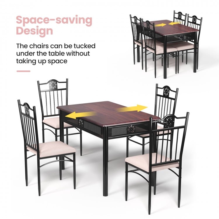 5-piece dining set featuring a wood and metal table with 4 cushioned chairs, designed for space-saving and comfort.