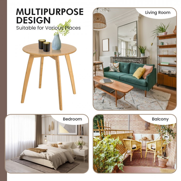 Natural bamboo round end table with a 20-inch tabletop, featuring a sleek design for versatile use in any room.