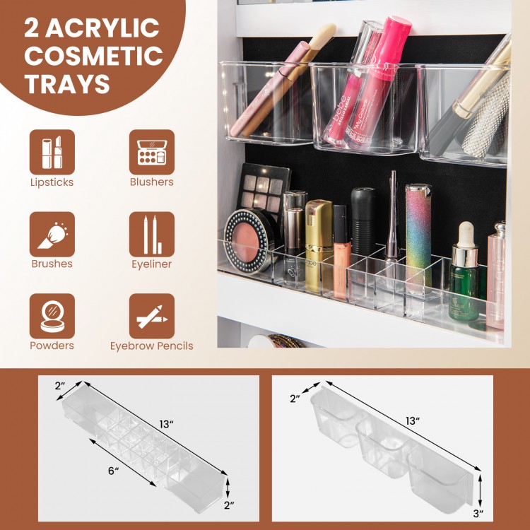 Wall-mounted jewelry cabinet with full-length mirror, LED lights, and ample storage for jewelry and cosmetics.