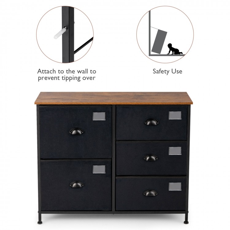 5-drawer black storage dresser with fabric drawers and sturdy steel frame, ideal for bedroom or entryway organization.