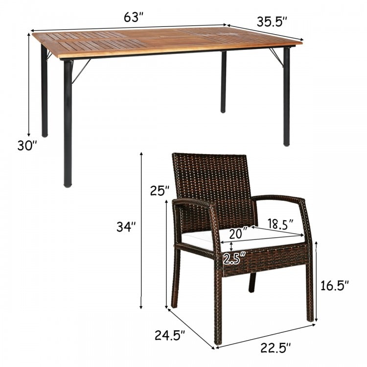 Durable powder-coated steel frame dining table measuring 63” x 35.5”, perfect for outdoor dining with an umbrella hole.