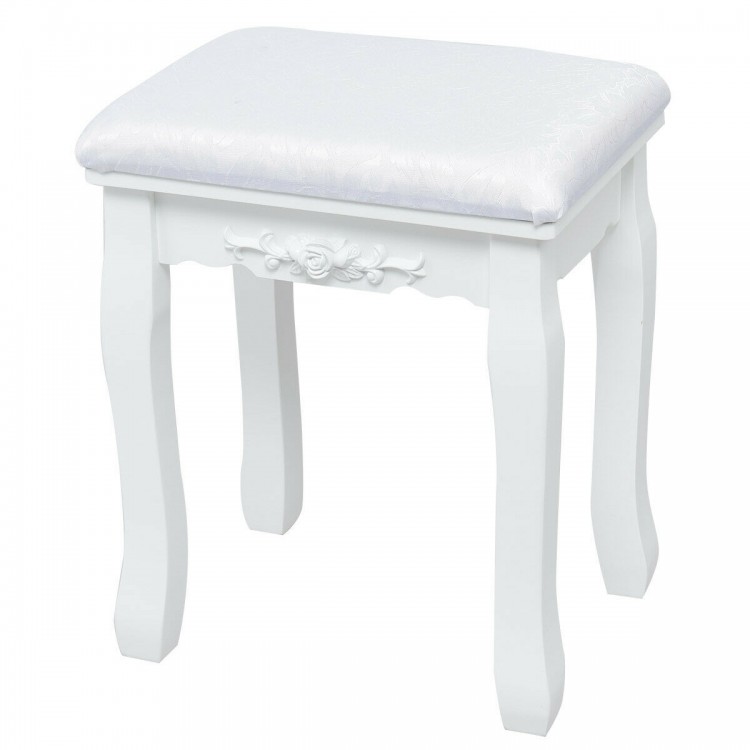 White cushioned stool with ornate detailing, designed for the Oval Mirror Vanity Set, providing comfort and elegance.