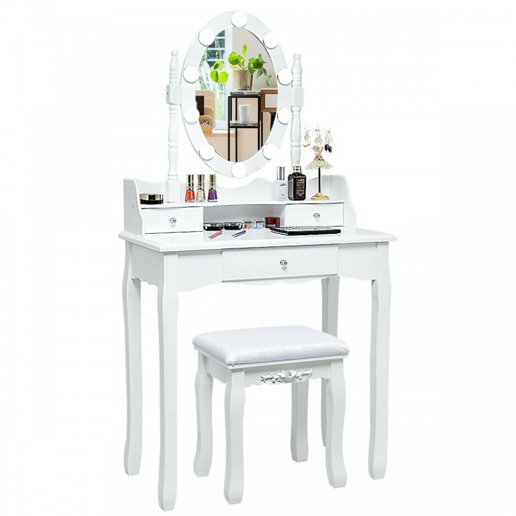 White oval mirror vanity set with 10 LED bulbs, 3 drawers, and cushioned stool for organized beauty storage.