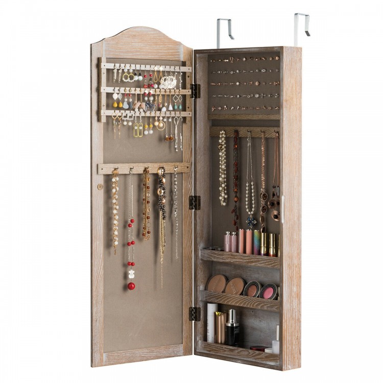 Wall-mounted jewelry armoire cabinet with mirror, featuring hooks for necklaces, ring slots, and shelves for.