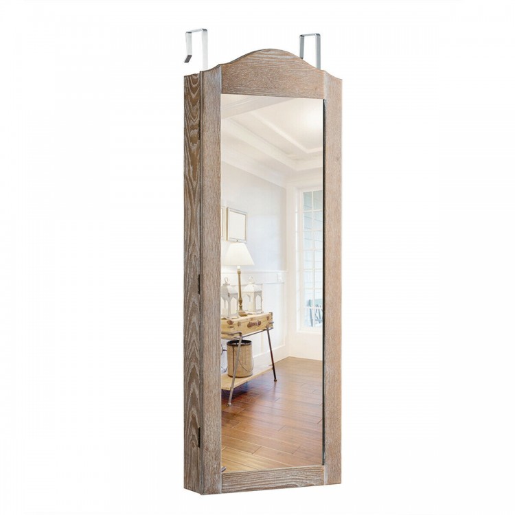 Wall-mounted jewelry armoire cabinet with full-length mirror, featuring rustic design and organized storage for.