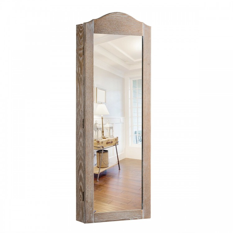 Jewelry armoire cabinet with a rustic wood finish and full-length mirror, perfect for wall or door mounting.