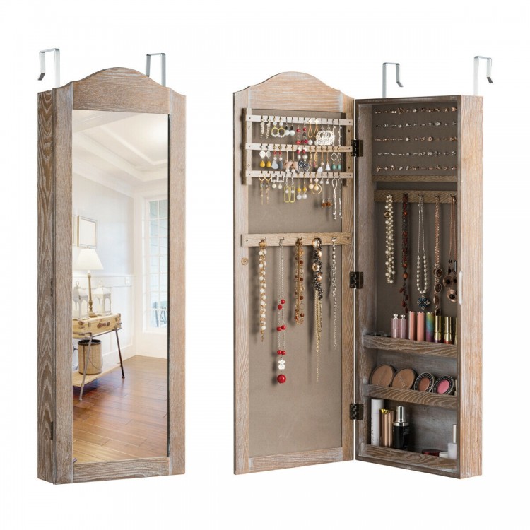 Wall-mounted jewelry armoire cabinet with mirror, featuring hooks for necklaces, ring slots, and shelves for organized.