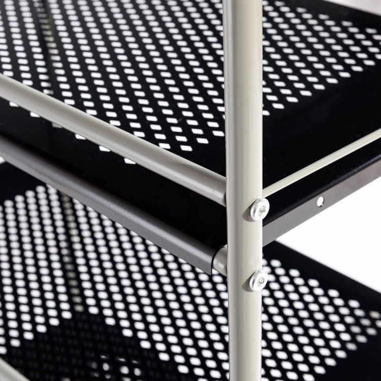 Close-up of the 4 tiers rolling cart storage rack with rust-resistant steel, featuring perforated shelves and.