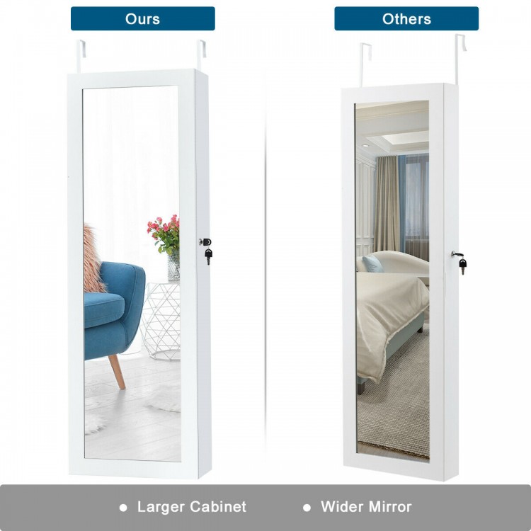 Lockable mirrored jewelry cabinet with LED lights, featuring a full-size mirror and ample storage for earrings and.