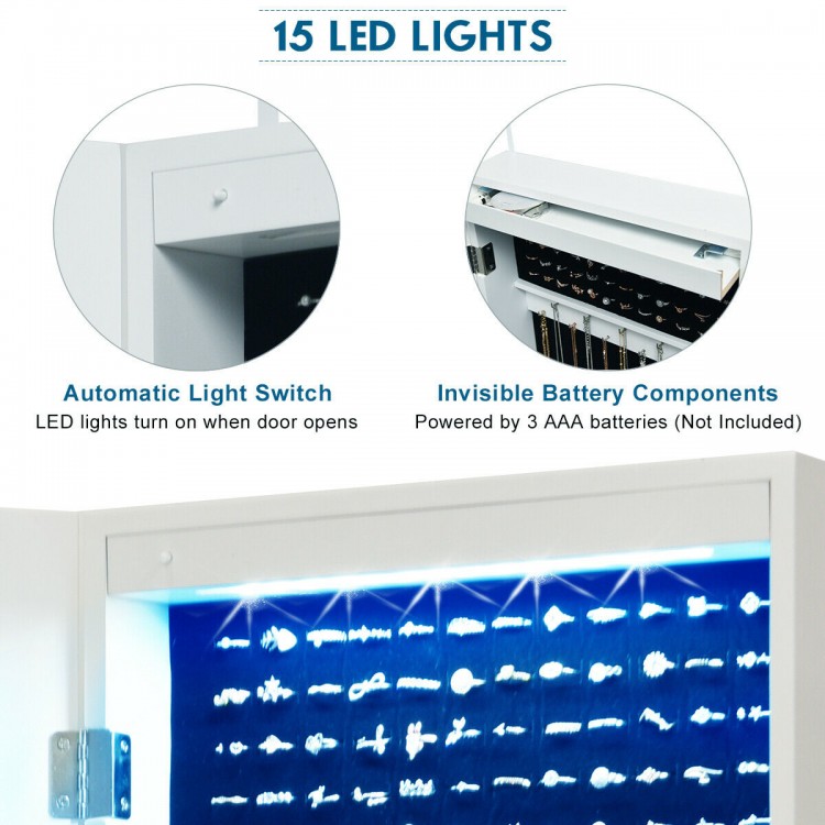 Close-up of the door-mounted jewelry cabinet featuring 15 LED lights and automatic light switch for enhanced visibility.