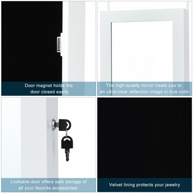 Lockable door-mounted mirrored jewelry cabinet with LED lights, velvet lining, and multiple storage options for.