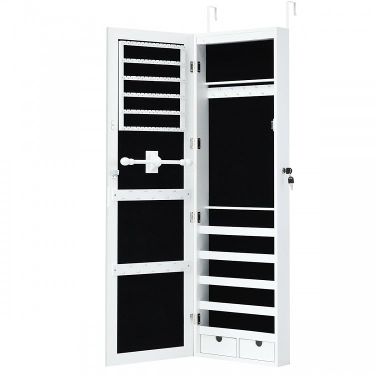 Lockable mirrored jewelry cabinet with LED lights, featuring velvet-lined shelves, hooks, and drawers for organized.