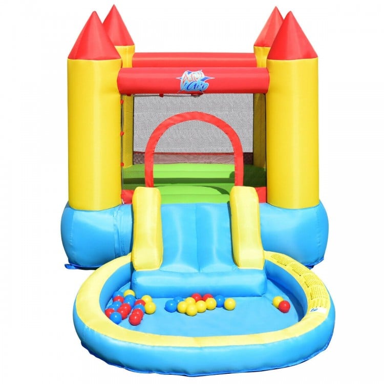 Inflatable kids slide bounce house with water slide, splash pool, and mesh safety walls for outdoor fun.